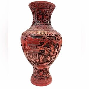 Chinese Cinnabar Lacquer Huge statement 
Vase vintage carved scenes